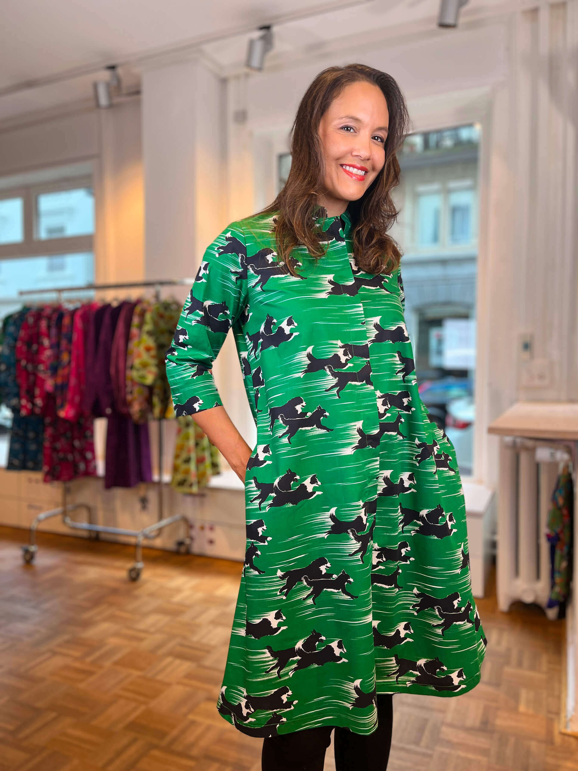 Fluffy Dogs Running – Shirt Dress with 3/4 leaves